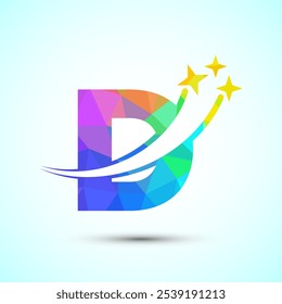English alphabet D with swoosh and star sign. Shooting star logo design template low poly style