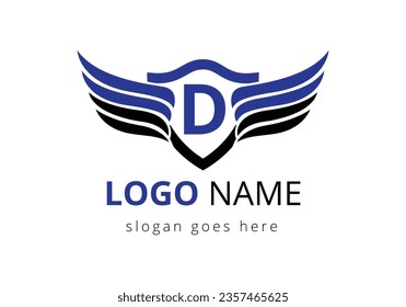 English alphabet D with wings logo design. Transportation Logo Letter and Wings Concept