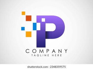 Alfabeto inglés con píxel de datos. Logo de píxeles de datos tecnológicos creativos