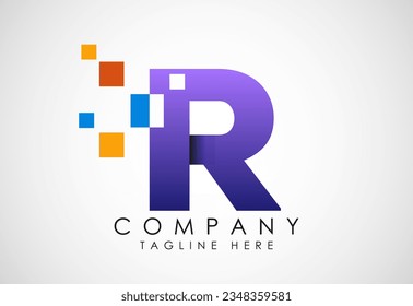 Alfabeto inglés con píxel de datos. Logo de píxeles de datos tecnológicos creativos