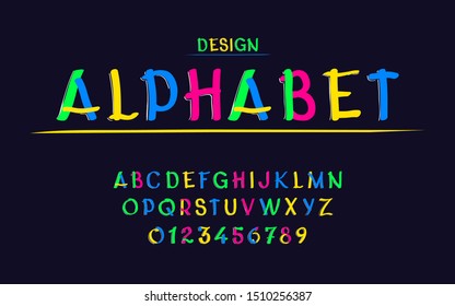 English alphabet design. Colorful rainbow letters in colored stylized font on a black background. Inscription, font, ABC Painted letters. Education, pink, yellow, blue, green. Latin, EPS10, vector 