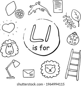 English alphabet with different isolated pictures. Poster with the ABC basics for children youngest kids. Vector illustrations set. Lion ladder letter lamp ladybug lamb lizard leaf love coloring pages