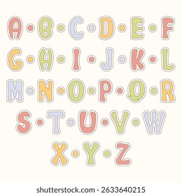 English alphabet in different pastel colors. Each letter is surrounded by a white outline and a small colored circle. The letters are arranged in the usual alphabetical order.