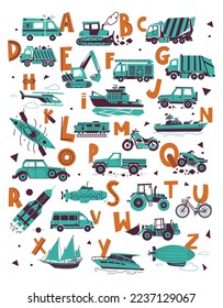 English Alphabet with differents type of transport. Stylish ABC poster for boys