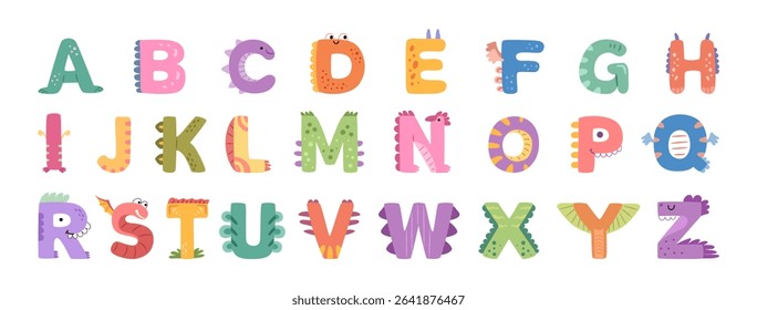 English alphabet, dinosaur fonts for children. Vector in flat style, isolated cute and funny dino features for learning and education. ABC typeset for childish typography and kids design
