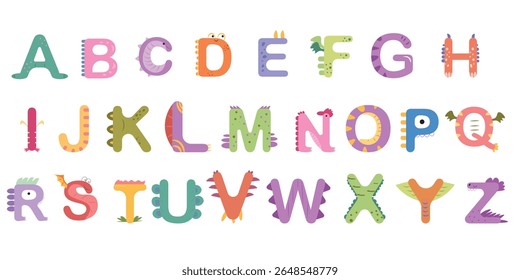 Alfabeto inglês, fontes de dinossauro para crianças. Vetor em estilo plano, bonitinho isolado e engraçado características dino para a aprendizagem e educação. Tipo ABC para tipografia infantil e design infantil