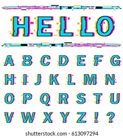 English alphabet with distortion effect on black background. Vector illustration.