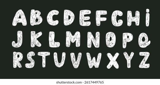 English alphabet drawing with white chalk or crayon texture effect on dark blackboard 