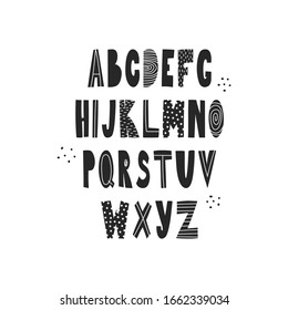 English alphabet drawn by hand. Alphabet in a simple flat style , capital letters of the Latin alphabet. Black and white letters with patterns. Vector illustration of the alphabet -isolated on a white