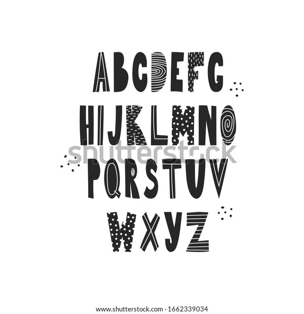 手書きの英語のアルファベット 単純なフラットスタイルのアルファベット ラテンアルファベットの大文字 白黒の文字 とパターン 白い背景にアルファベットのベクターイラスト のベクター画像素材 ロイヤリティフリー