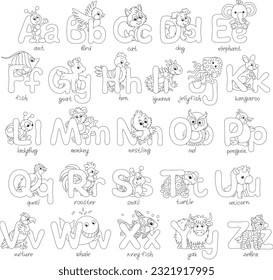 English alphabet and dropped capitals with funny toy animals, a set of black and white outline vector cartoon illustrations for a coloring book