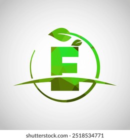 English alphabet E with circle leaf and swoosh. Eco-friendly logo concept. Low poly logo for ecological business and company identity