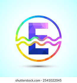 English alphabet E in a circle with water waves. Water wave logo design low poly style