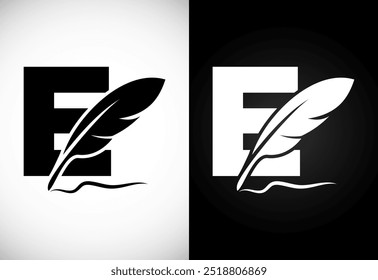 English alphabet E with feather logo design template. Logo for a writer or publishers.