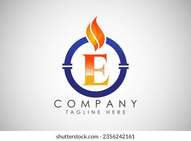 English alphabet E with fire flame and pipe. Oil and gas industry logo design concept.