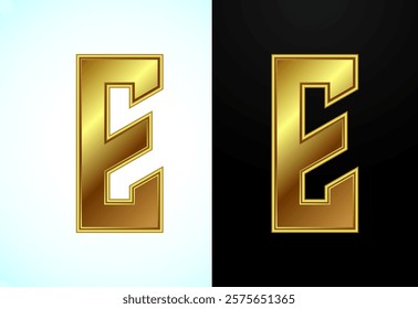 English alphabet E in gold color style. Graphic alphabet symbol for corporate business identity