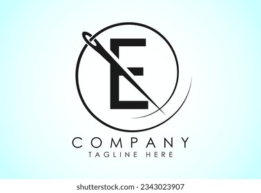 English alphabet E with sewing needle and thread Icon. Tailoring logo design concept.