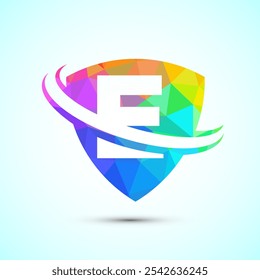 Alfabeto inglés E con escudo y swoosh. Diseño de logotipo moderno creativo estilo de baja poli