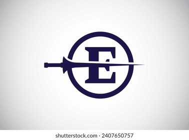 Alfabeto E inglés con lanza lanza. Ilustración vectorial de diseño de logotipo de lanza creativa