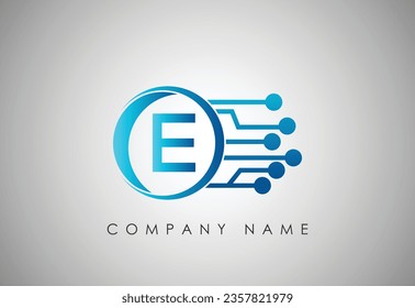 Alfabeto E inglés con plantilla vectorial de diseño de logotipo de tecnología.