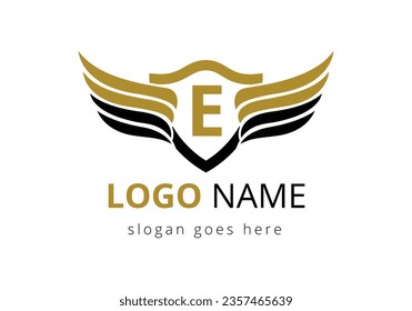 English alphabet E with wings logo design. Transportation Logo Letter and Wings Concept