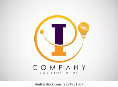 English alphabet I with electric bulb and plug. Electricity, industrial and technology logo