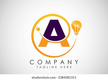 English alphabet A with electric bulb and plug. Electricity, industrial and technology logo