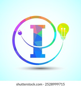 Alfabeto inglês I com lâmpada elétrica e plugue. Logotipo de tecnologia e eletricidade de baixo estilo poli