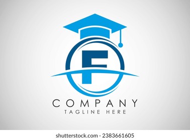 English alphabet F in a circle with education hat. Education and graduation logo vector