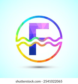 English alphabet F in a circle with water waves. Water wave logo design low poly style