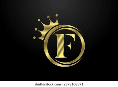 English alphabet F with a crown. Royal, King, queen luxury symbol. Font emblem. Vector illustration