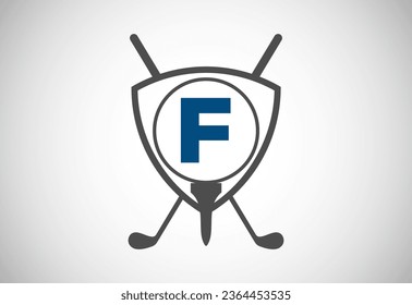 English alphabet F with golf ball, golf stick and shield sign. Modern logo design for golf clubs.