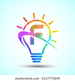 English alphabet F with light bulb and swoosh. Electric bulb logo template. Low poly electricity logo