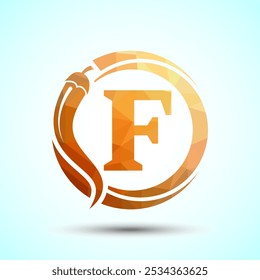 English Alphabet F With Red Chilli Logo Design. Low Poly Graphic Alphabet Symbol For Corporate Business