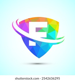 Alfabeto inglés F con escudo y swoosh. Diseño de logotipo moderno creativo estilo de baja poli