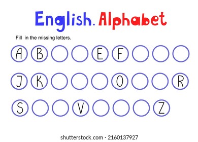 English alphabet fill in missing letters printable worksheet, language written practice vector illustration, school or leisure activity for kids, educational game, teachers' resources