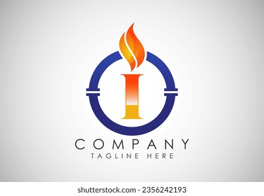 English alphabet I with fire flame and pipe. Oil and gas industry logo design concept.