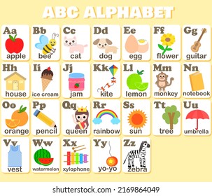 Tarjeta flash con alfabeto inglés.ABC para niños.A a Z para educación infantil.Concepto de guardería o preescolar.Tarjetas con caracteres lindos.Aprenda a leer.Palabras e imágenes.Ilustración vectorial de dibujos animados.