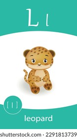 Tarjeta flash del alfabeto inglés. Letra L estudio - leopardo.  Tarjetas ABC para niños. Colección de tarjetas de memoria. Vector de ilustración de dibujos animados.