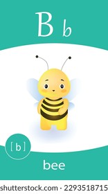 Tarjeta flash del alfabeto inglés. Estudio de la letra B - abeja.  Tarjetas ABC para niños. Colección de tarjetas de memoria. Vector de ilustración de dibujos animados.