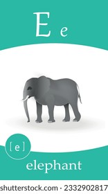 Tarjeta flash del alfabeto inglés. Estudio de la letra E - elefante.  Tarjetas ABC para niños. Colección de tarjetas de memoria. Vector de ilustración de dibujos animados.