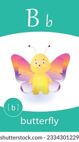 Tarjeta flash del alfabeto inglés. Estudio de la letra B - mariposa.  Tarjetas ABC para niños. Colección de tarjetas de memoria. Vector de ilustración de dibujos animados.