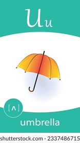 English alphabet flash card. Letter U study - umbrella. Kids ABC cards. Phonics flashcards collection. Cartoon illustration vector.