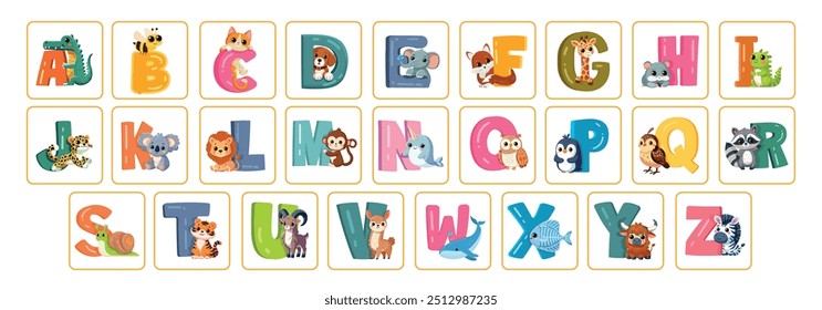 Lançamentos do alfabeto inglês com animais de desenho animado e letras. Bonito conjunto de cartão flash animal. Kawaii estilo animal com temas de cartas. Aprendizagem de Abc para crianças em idade escolar ou pré-escolar.