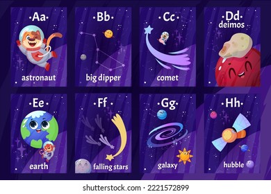 English alphabet flashcards with letters from A to H for kids education. Printable flash cards with cartoon astronaut, planets, constellation, galaxy spaceship for learning letters and words in school