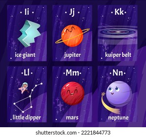 English alphabet flashcards with letters from I to N for children education. Printable kids flash cards with cartoon kuiper belt ring, planets and constellations for learning letters, words in school.