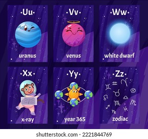 Tarjetas flashcards inglesas con letras de U a Z para educación infantil. Tarjeta flash para niños imprimibles con astronauta con escáner de rayos X, planetas en cosmos, enano blanco, zodiaco canta para cartas de aprendizaje