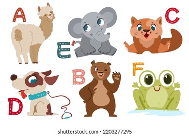 Alfabeto inglés con lindos animales planos para la educación de los niños. Cartas con graciosos personajes animales de A a F. Diseño infantil para aprender a deletrear con colección de zoológicos de dibujos animados.