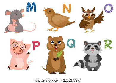 English alphabet with flat cute animals for kids education. Letters with funny animal and bird characters from M to R. Children design set for learning to spell with cartoon zoo collection.