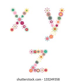 English alphabet from flower letters. Vector colorful flower font.